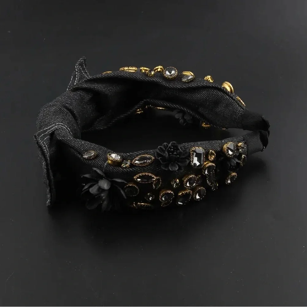 New! The “Baroque Cowboy” Rustic Denim And Rhinestone Bow Headband